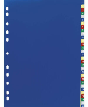 Divisorio A4 31 tasti 1-31 con cavalierini colorati e prestampati con indice in PPL, multicolore