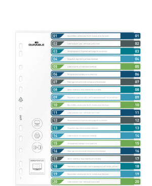 Divisorio A4+ con 20 tasti colorati 1-20 e indice in PPL personalizzabile, multicolore